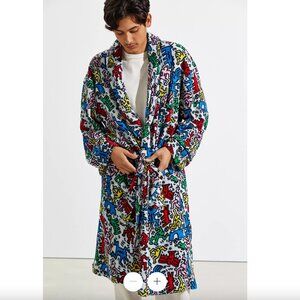Keith Haring Allover Print Plush Fleece Belted Robe Size S M Pocket Loungewear